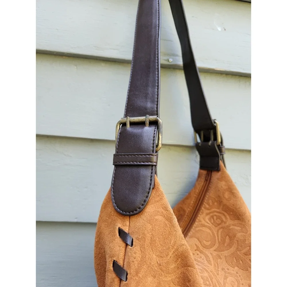 Vintage Y2K Bisou Bisou Hobo Bag Tan Suede Paisley Embossed Whipstitch Medium